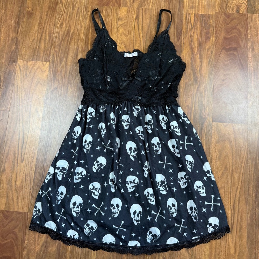 Avidlove Skull Print Lace Babydoll Chemise Gothic Nightie Dress Black Small